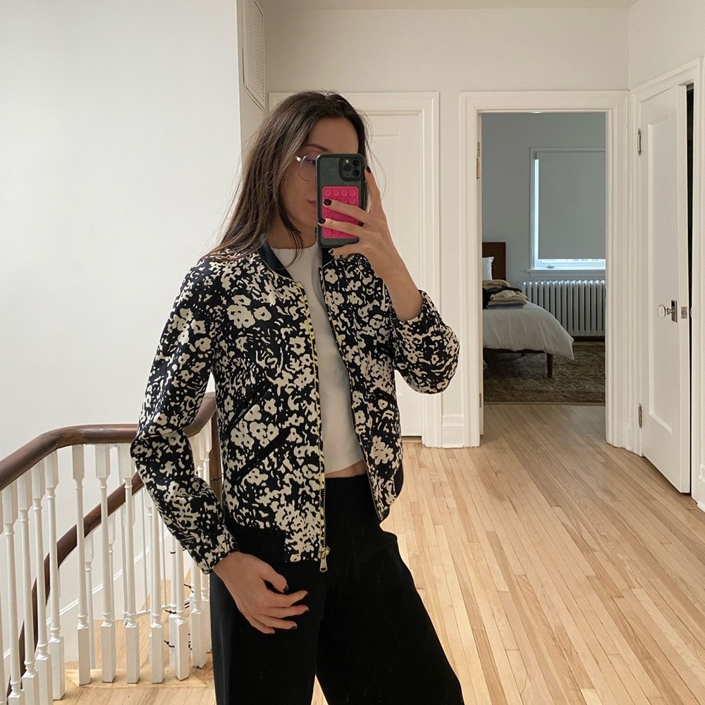 Zara Black and White Floral Bomber Jacket